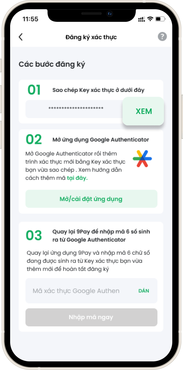 Bấm xem để hiển thị Key xác thực