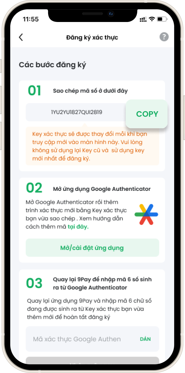 Bấm COPY để sao chép Key xác thực