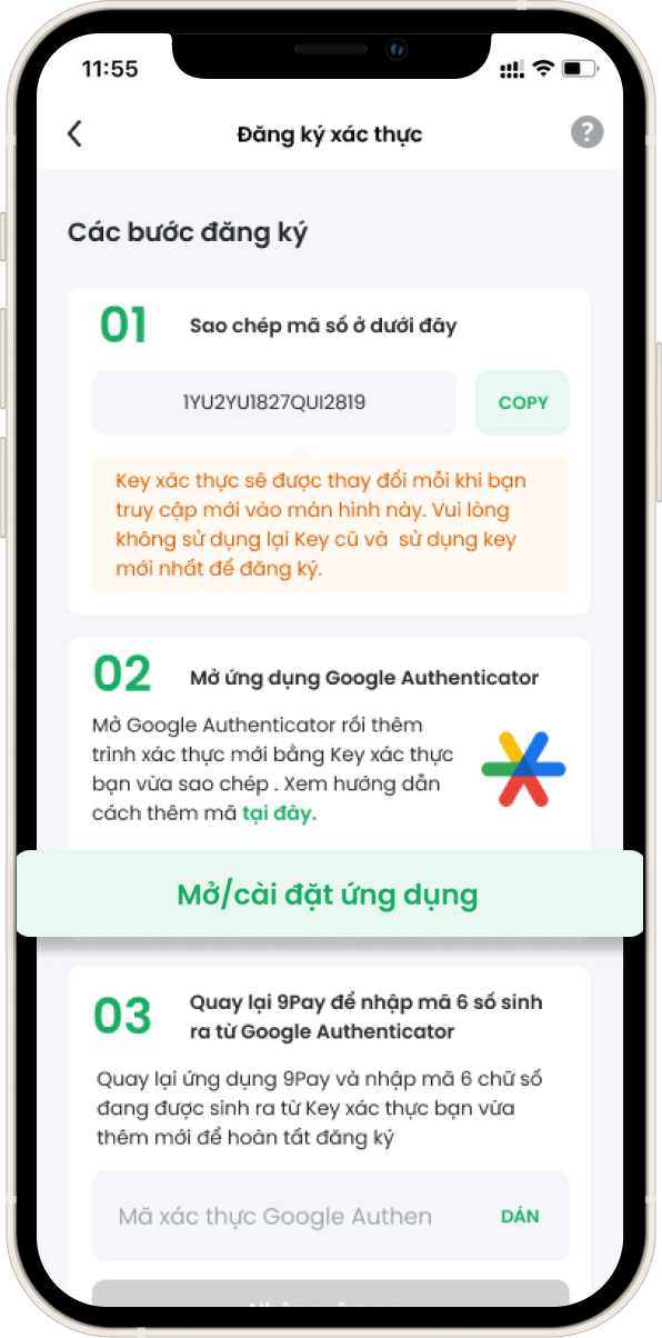 Mở ứng dụng Google Authenticator