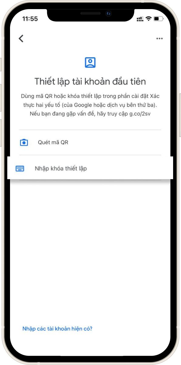 Chọn Nhập khóa thiết lập