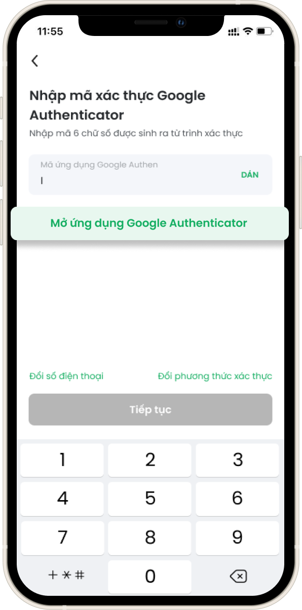 Truy cập màn hình nhập mã xác thực, bấm mở ứng dụng để lấy mã xác thực